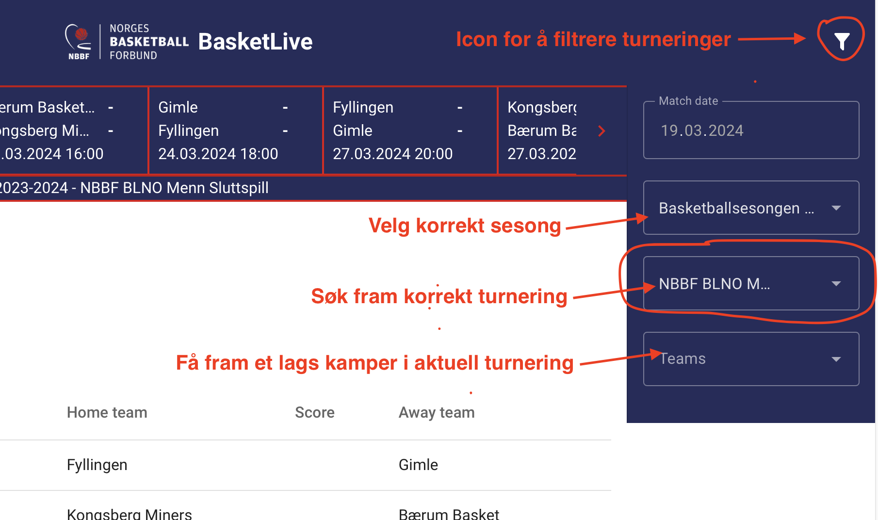 NBBF Skjermbilde filtrering TA-sider